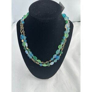Talbots 2-Strand Gold Chain With Green/blue/aqua Beads 9" Plus Matching Earrings